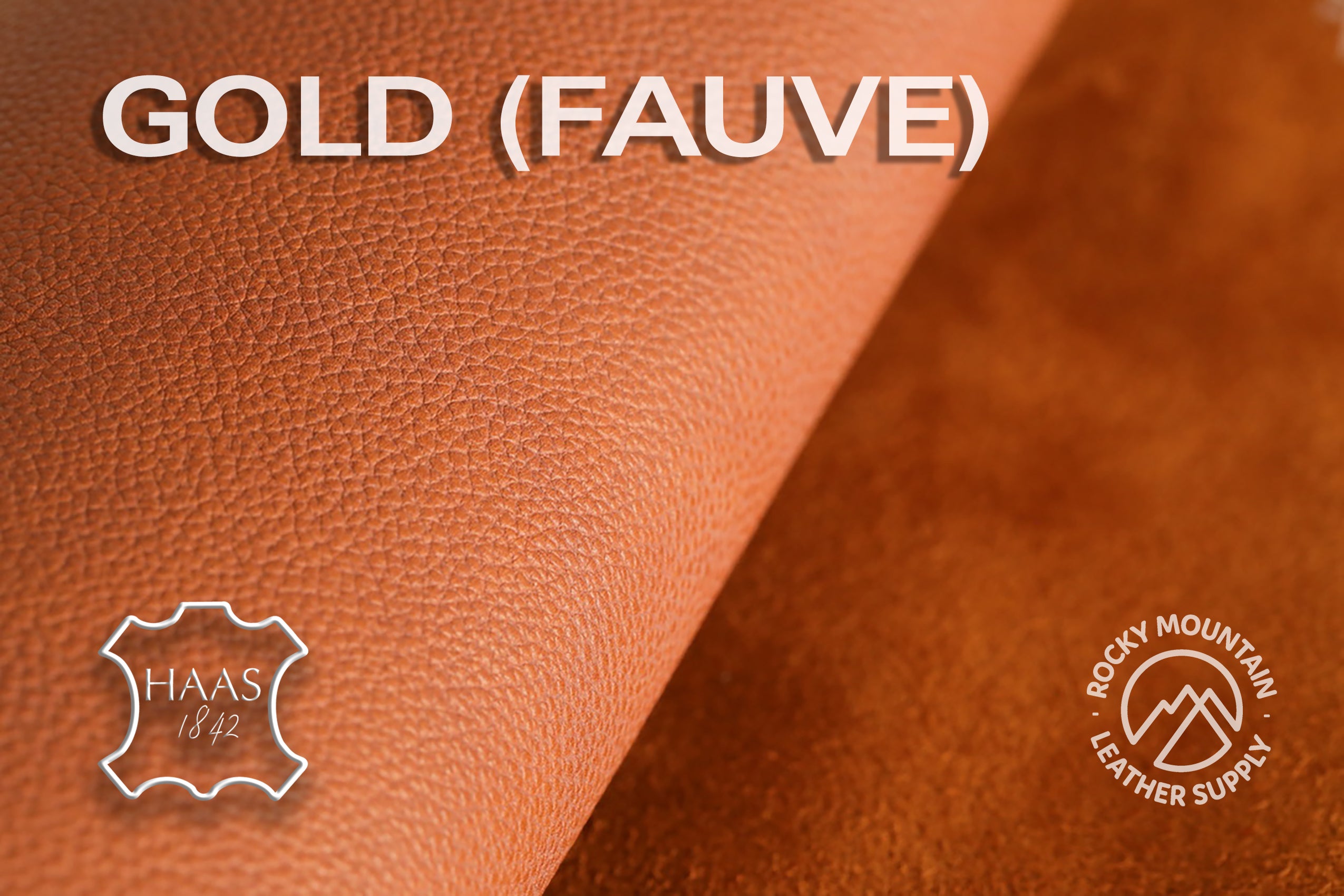 Gold pebbled calf supplier swatch with Haas and Rocky Mountain labels